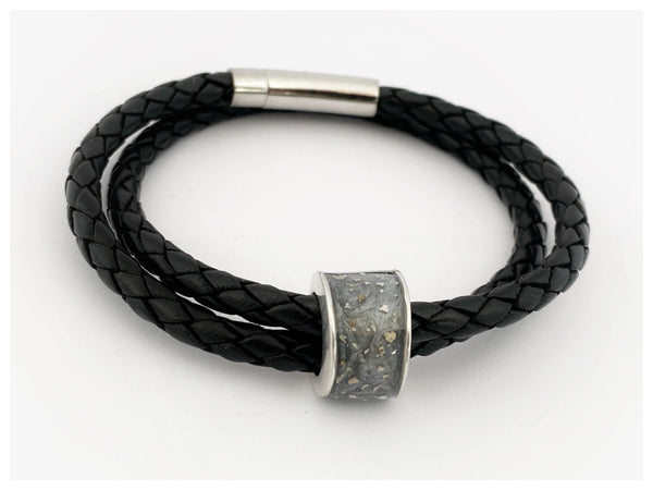 “Mark” Men’s Double Wrap Memorial Bracelet with Personalised Channel Bead (Black Leather)
