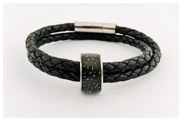 “Mark” Men’s Double Wrap Memorial Bracelet with Personalised Channel Bead (Black Leather)