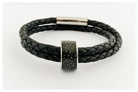 “Mark” Men’s Double Wrap Memorial Bracelet with Personalised Channel Bead (Black Leather)