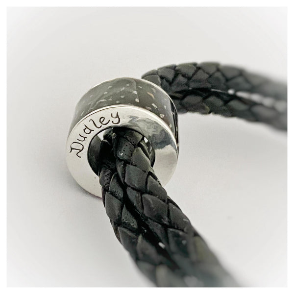 “Mark” Men’s Double Wrap Memorial Bracelet with Personalised Channel Bead (Black Leather)