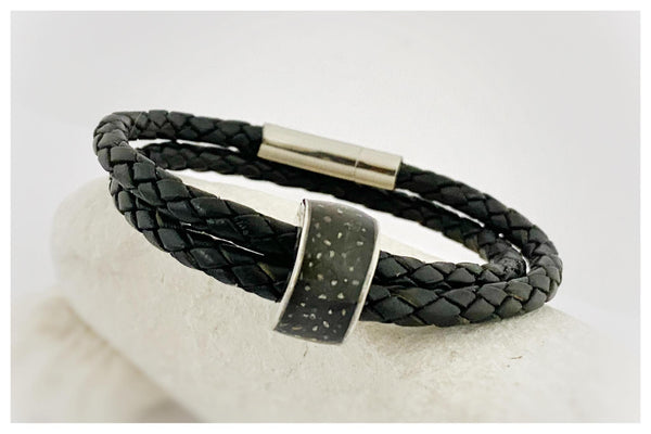 “Mark” Men’s Double Wrap Memorial Bracelet with Personalised Channel Bead (Black Leather)
