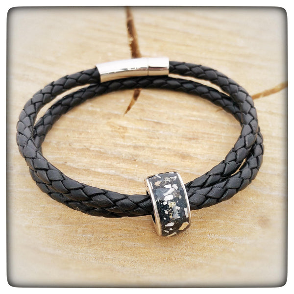 “Mark” Men’s Double Wrap Memorial Bracelet with Personalised Channel Bead (Black Leather)