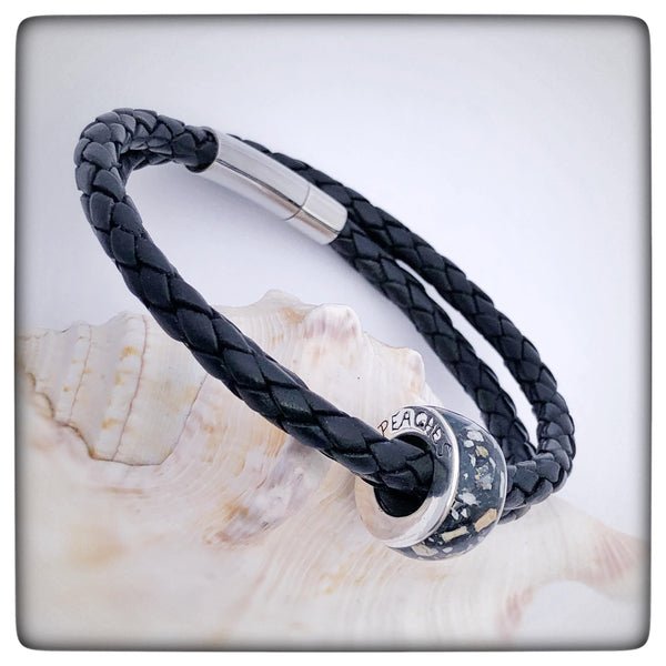 “Mark” Men’s Double Wrap Memorial Bracelet with Personalised Channel Bead (Black Leather)
