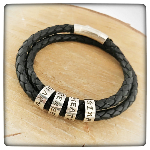 Personalised Men’s / Women’s Double Wrap Leather Bracelet with Silver Name Beads