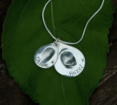 Double Descending Fingerprint Teardrop Pendant / Necklace (Large/Small)