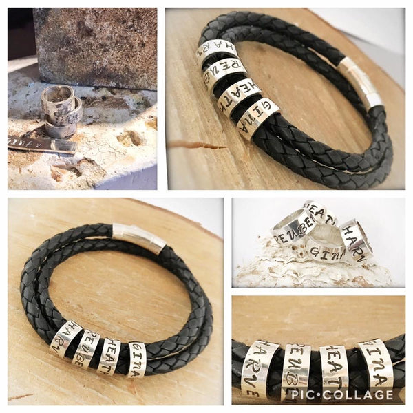 Personalised Men’s / Women’s Double Wrap Leather Bracelet with Silver Name Beads