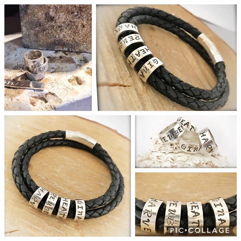 Personalised Men’s / Women’s Double Wrap Leather Bracelet with Silver Name Beads