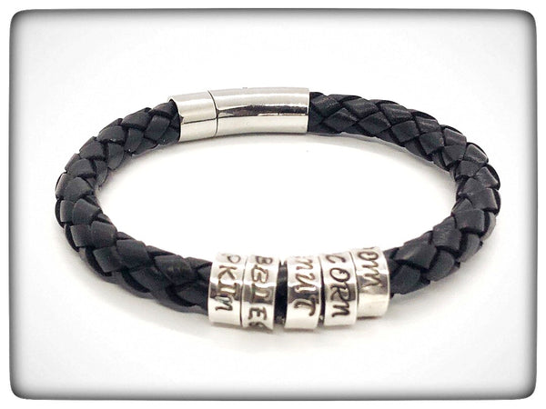 Personalised Men’s / Women’s Double Wrap Leather Bracelet with Silver Name Beads
