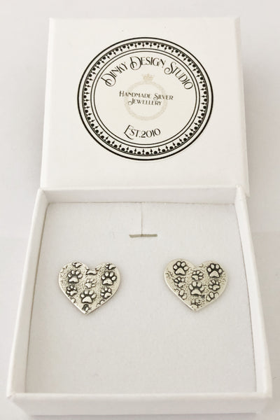 Sterling Silver Love Heart Paw print Stud Earrings