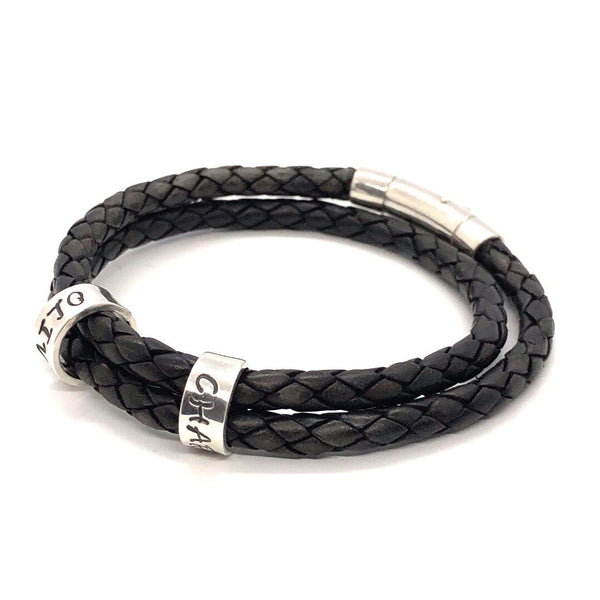 Personalised Men’s / Women’s Double Wrap Leather Bracelet with Silver Name Beads