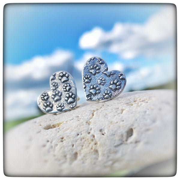 Sterling Silver Love Heart Paw print Stud Earrings