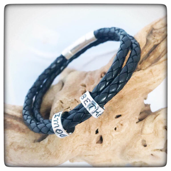 Personalised Men’s / Women’s Double Wrap Leather Bracelet with Silver Name Beads